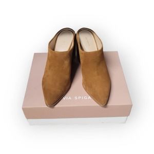 Via Spiga Womens Ella Mules Heel Brown Suede Leather Slip On Mid Stack 8 New